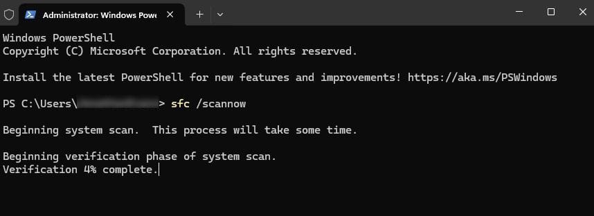 Graphic of the sfc /scannow command running in a command shell