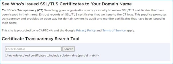 Screenshot from the Entrust search tool with a box for entering your domain name