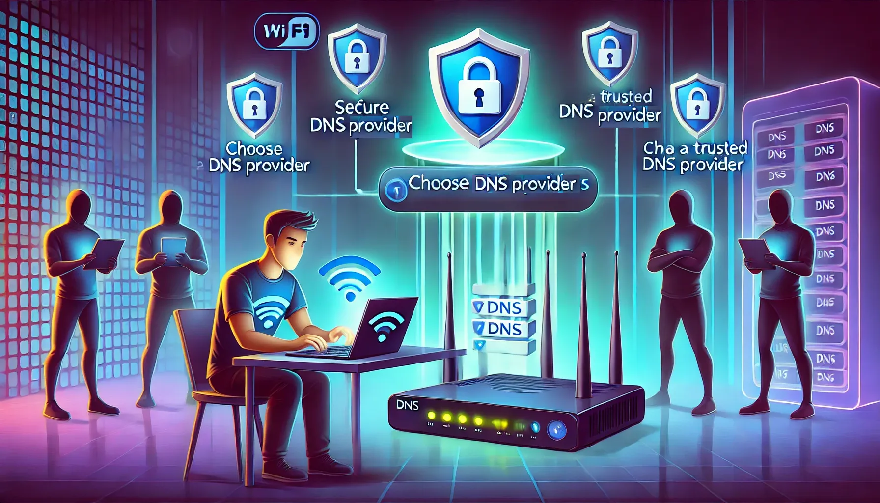 An IT manager siting at a desk with a laptop selecting a DNS provider