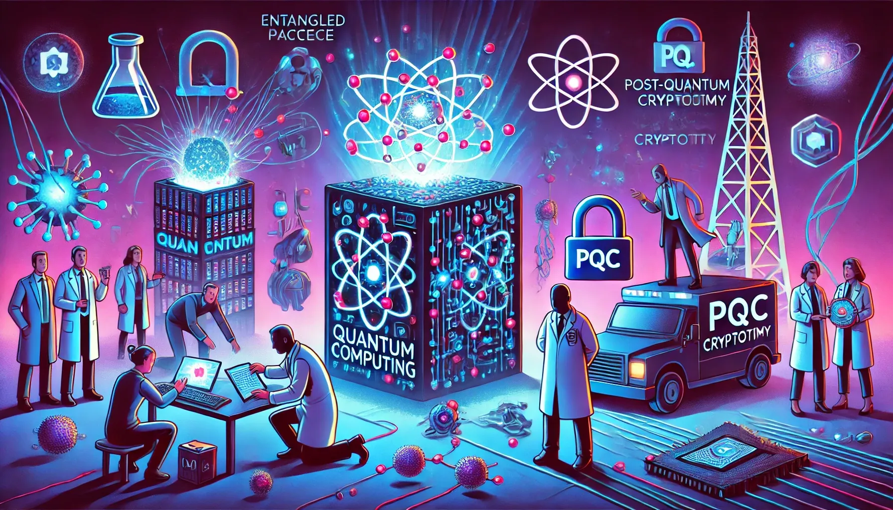 Scientific looking picture of atoms and scientists