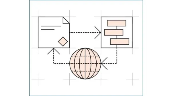 Graphic showing a globe with information flow from it to a ledger and back to the globe