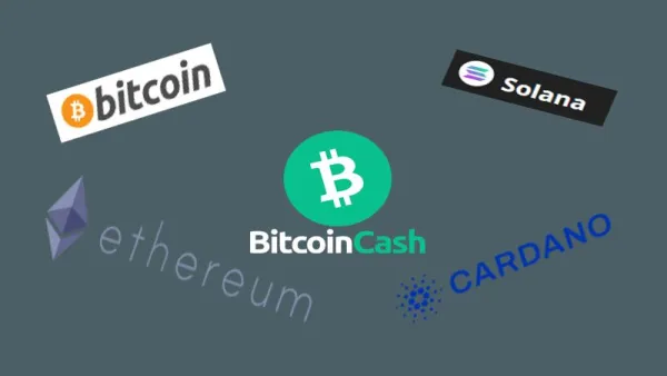 Grey background graphic with logos of five well known cryptocurrencies.