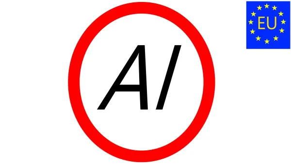 The letters AI in large font inside a red circle with white background with the EU logo top right