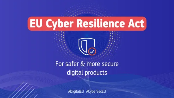 The outline of a white shield on a blue background with the words EU Cyber Resilience Act